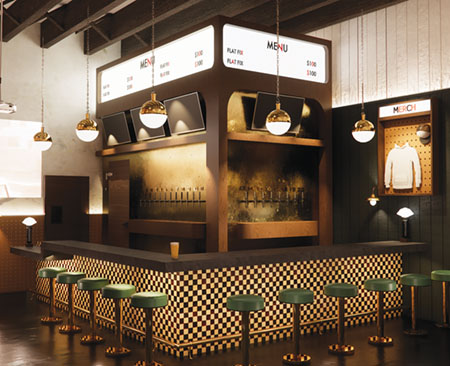 Interior rendering of Fremont Garage, showing the bar, stools, and menu boards.