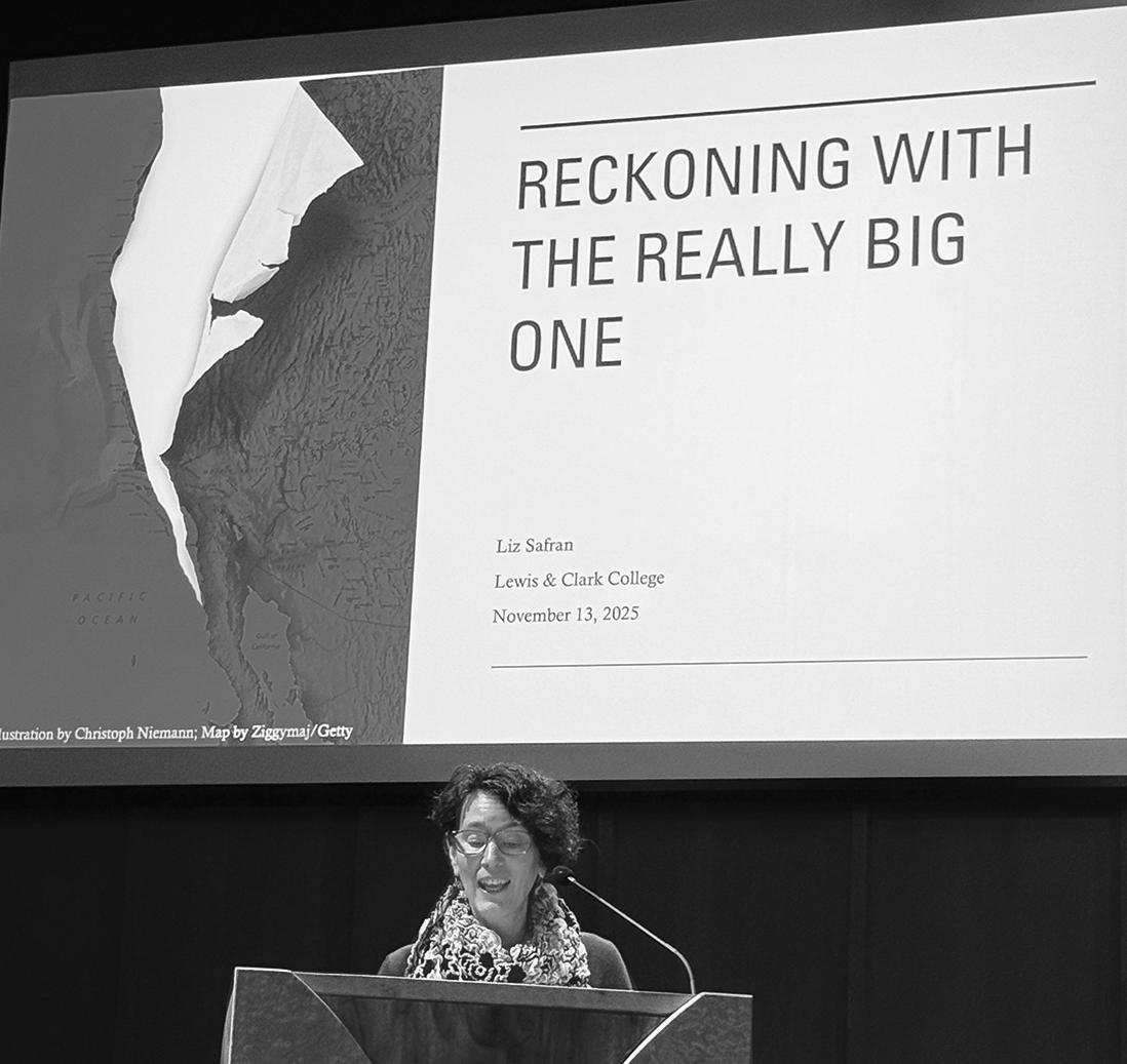 Lewis & Clark College associate professor of geology Dr. Liz Safran at a recent BWNA-sponsored event. She explained the scientific indicators that make a major earthquake in the Pacific Northwest likely – at any time. Photo by Susan Trabucco.