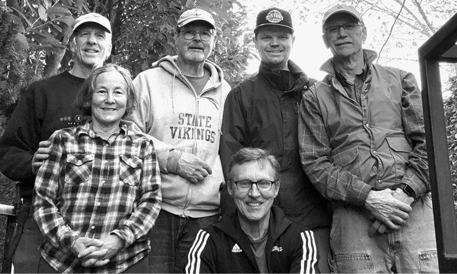 A merry band of B-W volunteers trimmed, raked, and tended to the native plants on the Alameda stairway at NE 43rd Avenue in March. From left: David Whitaker, Kristin Lensen, John Sandie, Steve Sandie, Geoff Wickes, and Randall Baker (kneeling). Kathy Sandie was not available for the photo. Photo by Geoff Wickes.