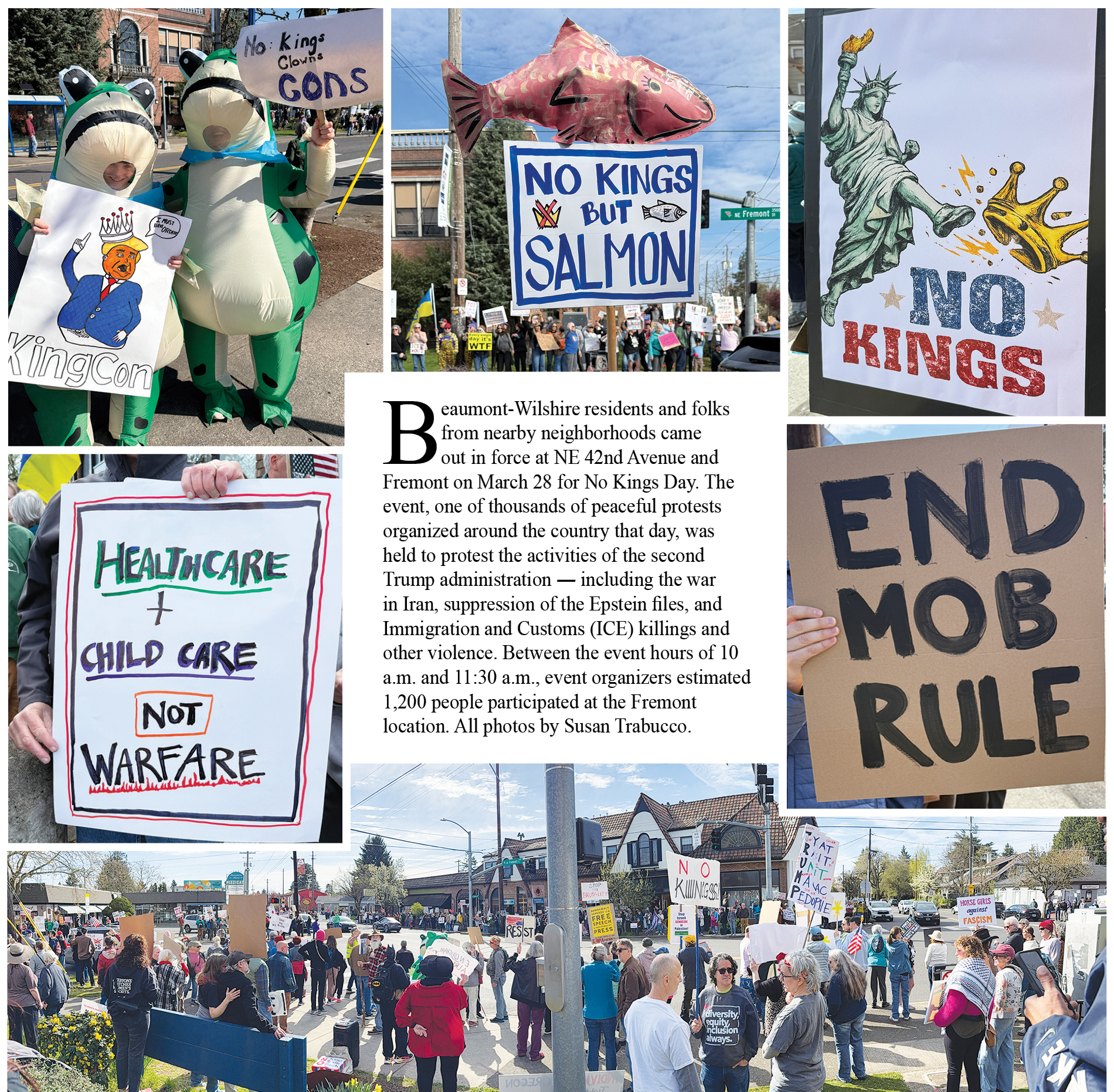 Scenes from the No Kings Day demonstration at NE 42nd and Fremont on March 28. Photos by Susan Trabucco.