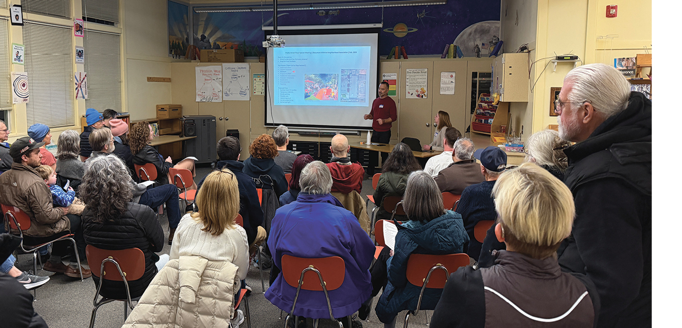 An impassioned group of B-W neighbors and business owners packed a room at Alameda Elementary School in February for a two-way discussion with BWNA representatives about a proposed public plaza on NE 44th near Fremont Street. The public plaza trial was approved by a vote of 13-2 at the April 13 BWNA board meeting. Photo by Susan Trabucco.