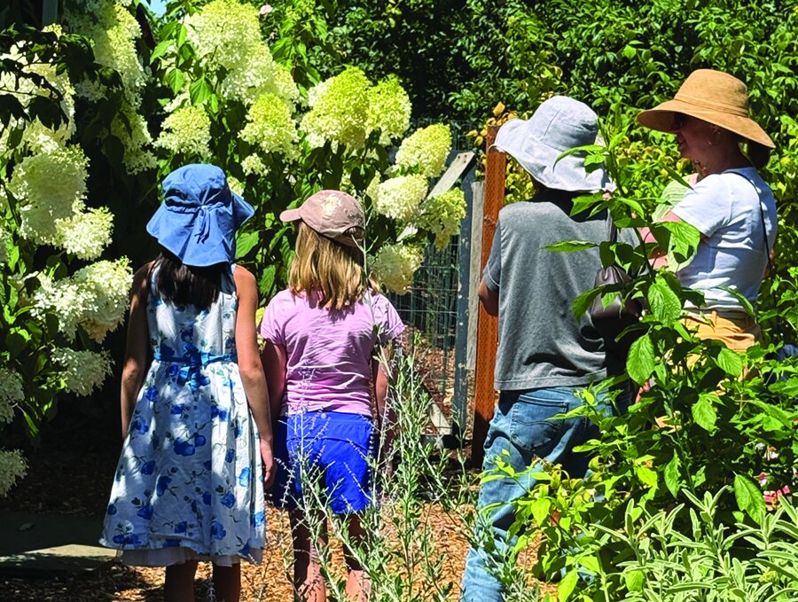 Girls and their mothers walking through a garden.