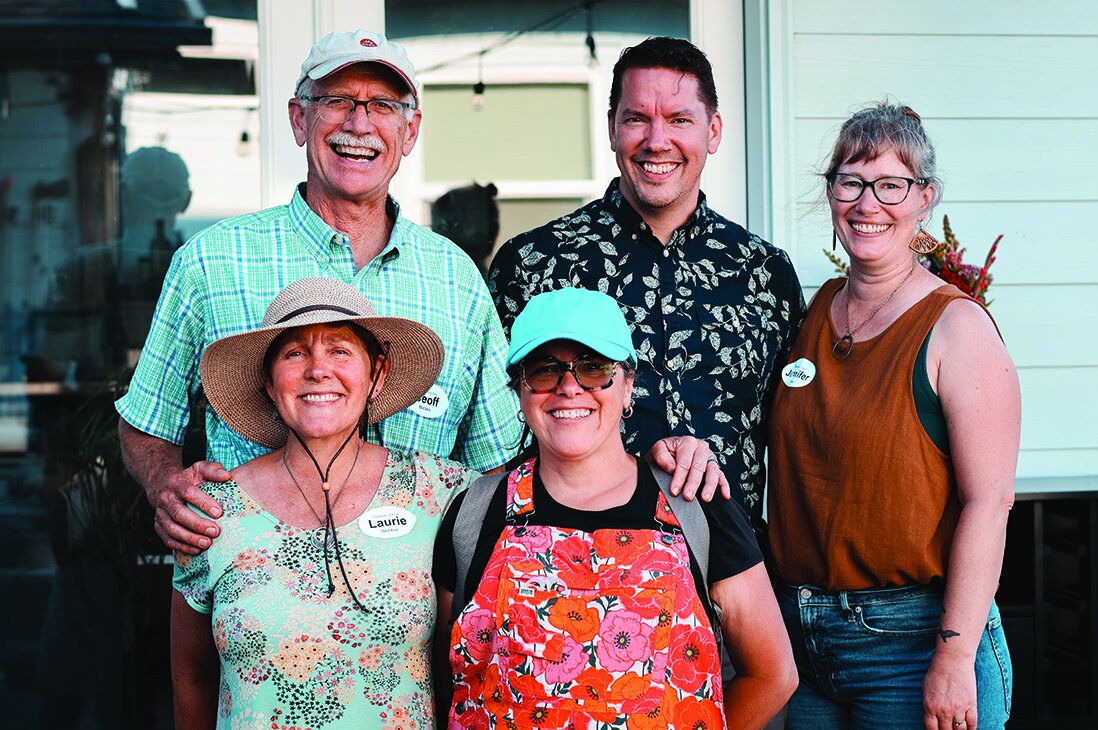 This year's BWNA Art & Garden Tour hosts included Geoff Wickes (back row left) and his wife Laurie Webber (front row left); Ian Doescher (back row center) and his wife Jennifer Creswell (back row right), and Bonny Cushman (front row right). Not pictured are garden hosts Deb France and her partner Sally Cochrane, Dennis Bromka, Michelle Rudd, and Jenette Alie. Photo by Susan Trabucco.