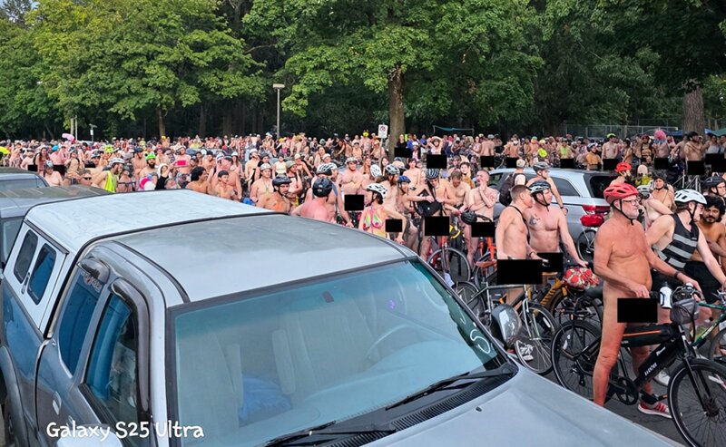 Riders gathered at the west end of Wilshire Park before the World Naked Bike Ride launched. Photo by Peter Gearin.